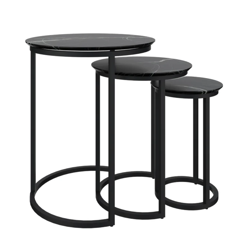 Mesa de Centro Tipo Mármol Set de 3, Negro