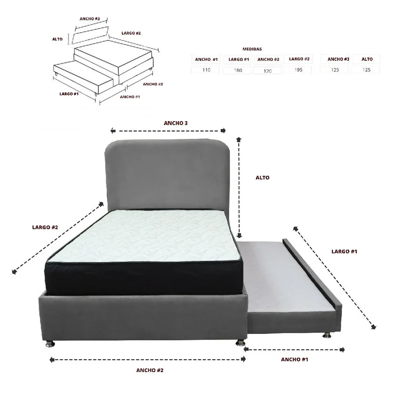 Combo Cama Tarima Nido Comfort 120 Semidoble Gris Más Espaldar