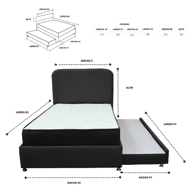 Combo Cama Tarima Nido Comfort 120 Semidoble Negro Más Espaldar