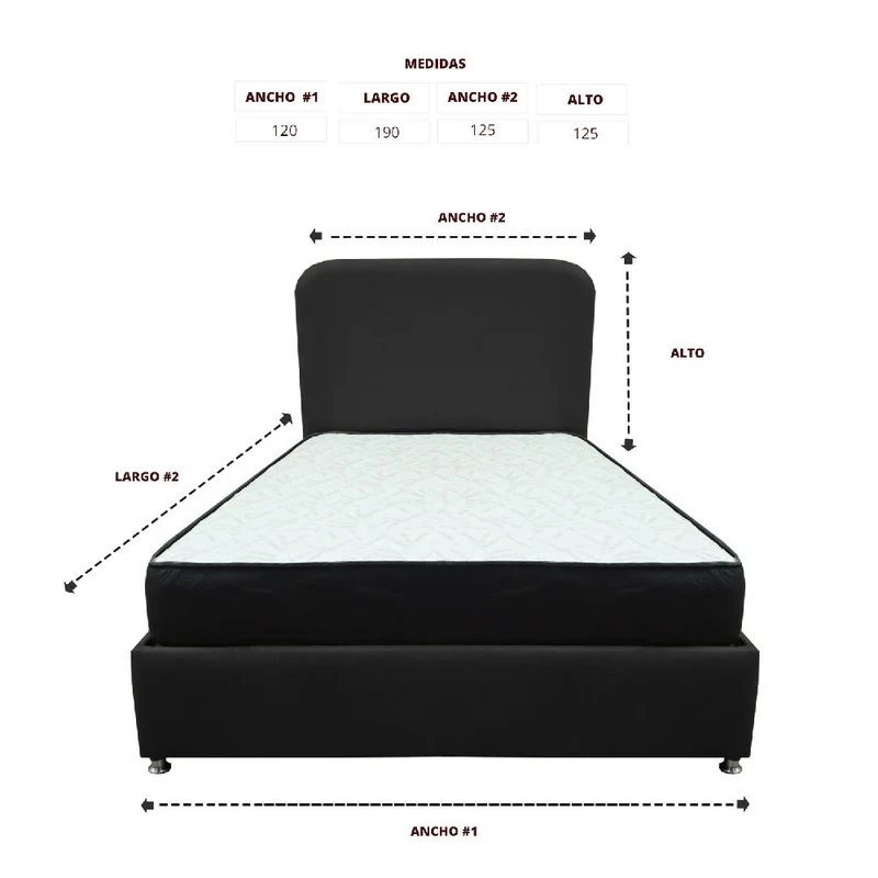 Combo Base Cama y Colchón Comfort 120 Semidoble Negro Más Espaldar