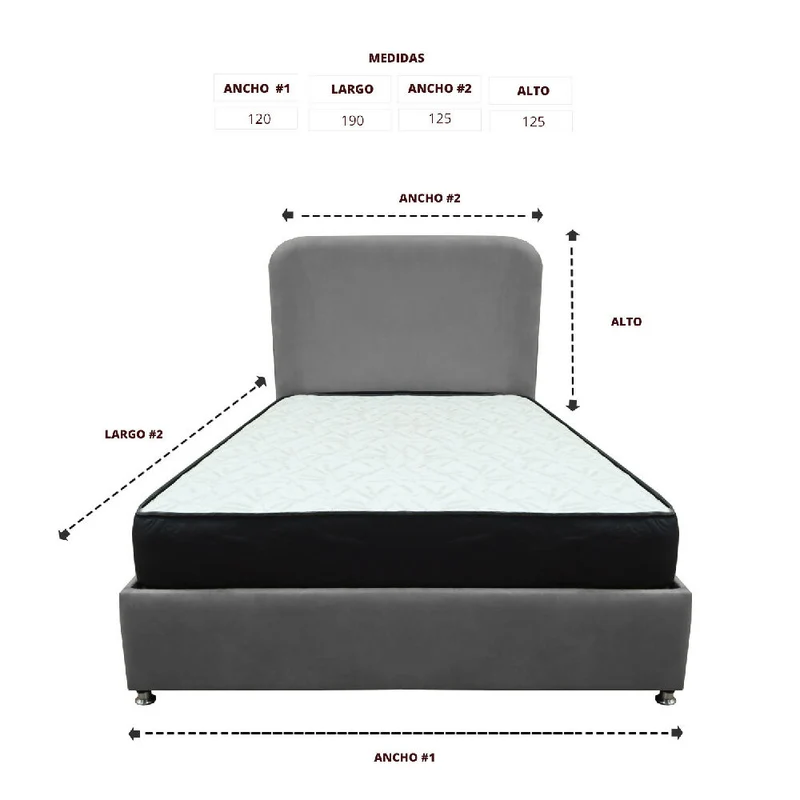 Combo Base Cama y Colchón Comfort 120 Semidoble Gris Más Espaldar