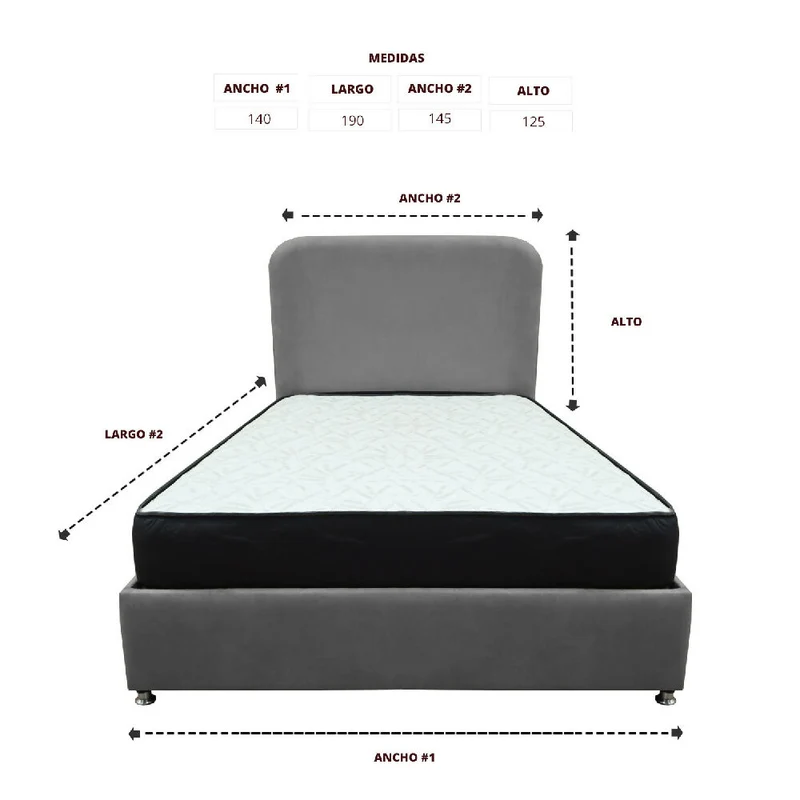 Combo Base Cama y Colchón Comfort 140 Doble Gris Más Espaldar