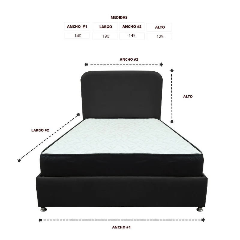 Combo Base Cama y Colchón Comfort 140 Doble Negro Más Espaldar
