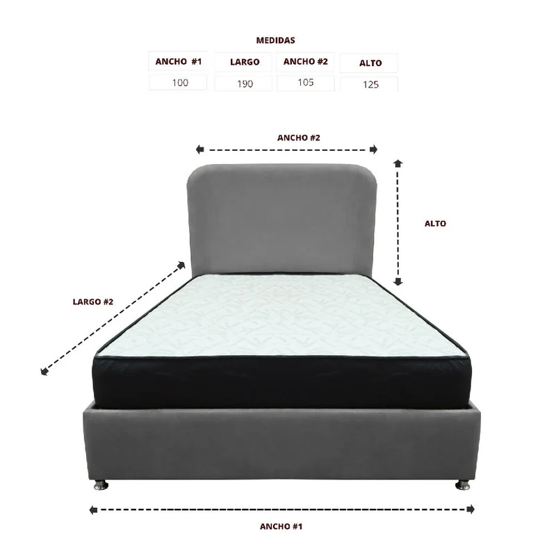 Combo Base Cama y Colchón Comfort 100 Sencillo Gris Más Espaldar
