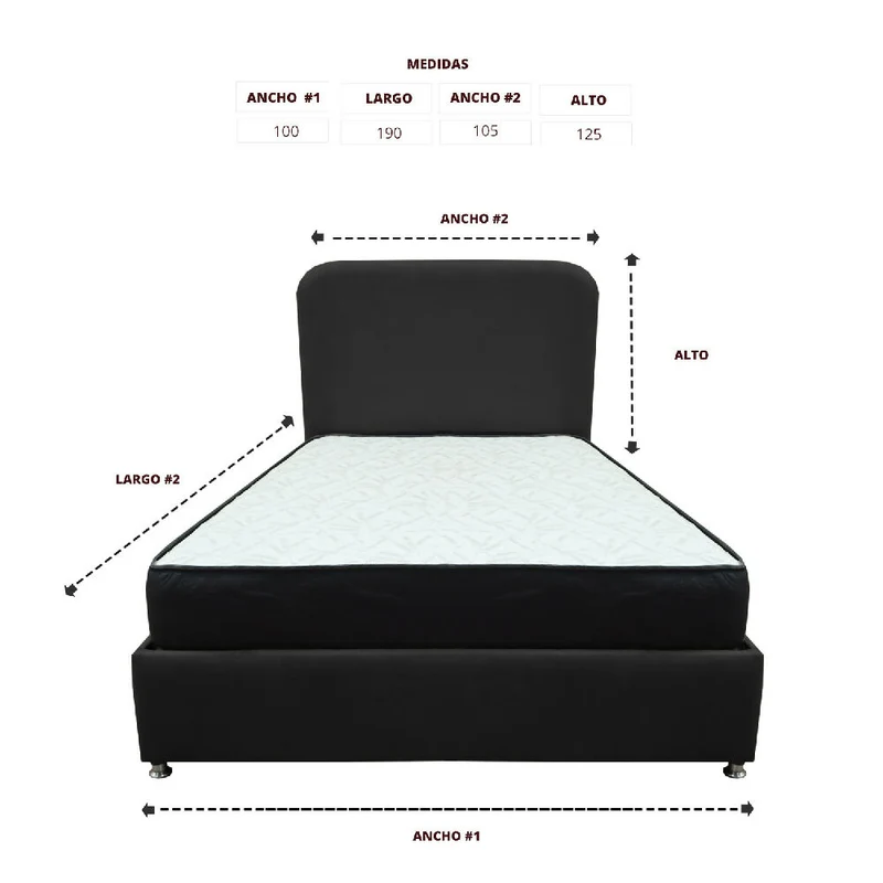 Combo Base Cama y Colchón Comfort 100 Sencillo Negro Más Espaldar