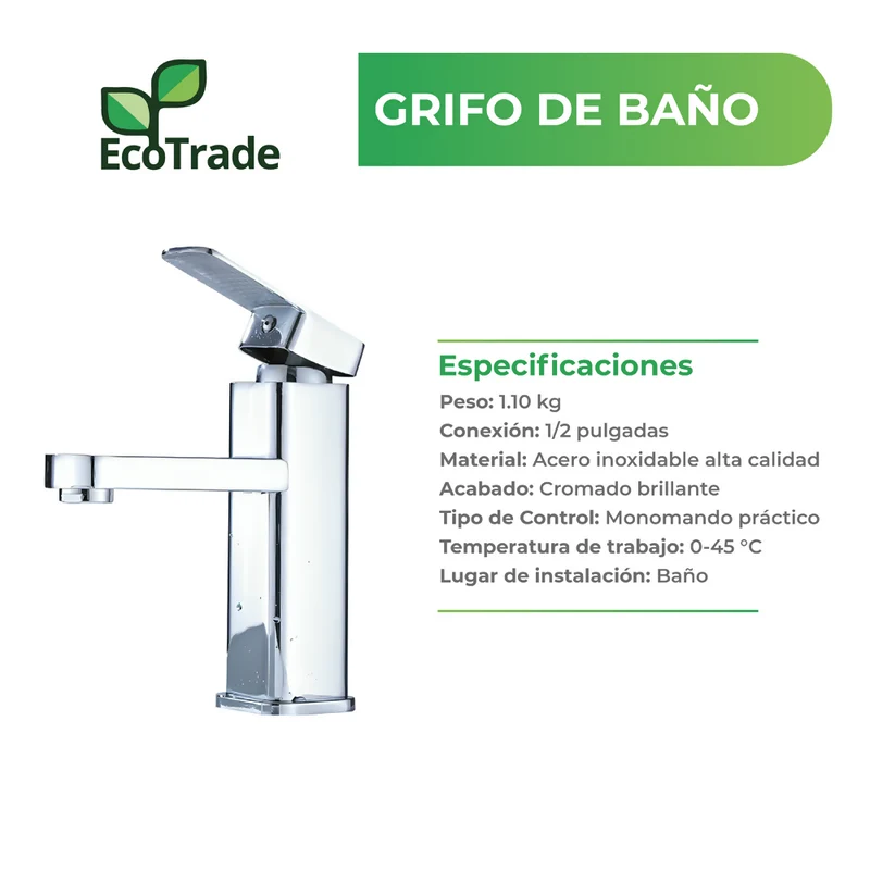 Grifería Baño Acero Inoxidable Cromado Control Monomando