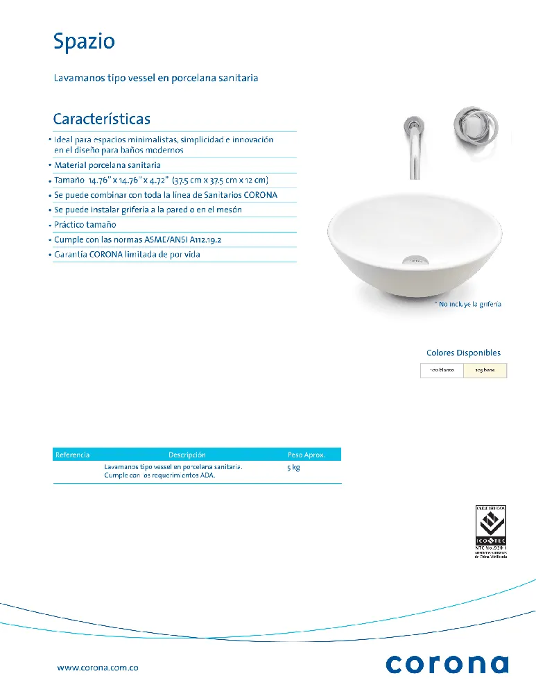 Lavamanos Corona Spazio II Vessel sin Desagüe Beige