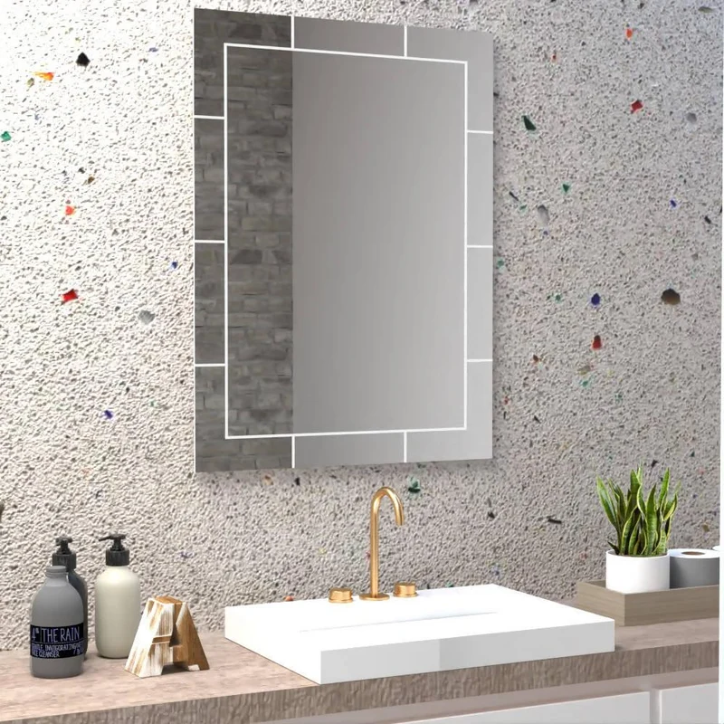 Espejo Rectangular Turín, Gris, con Diseño en Sandblasting