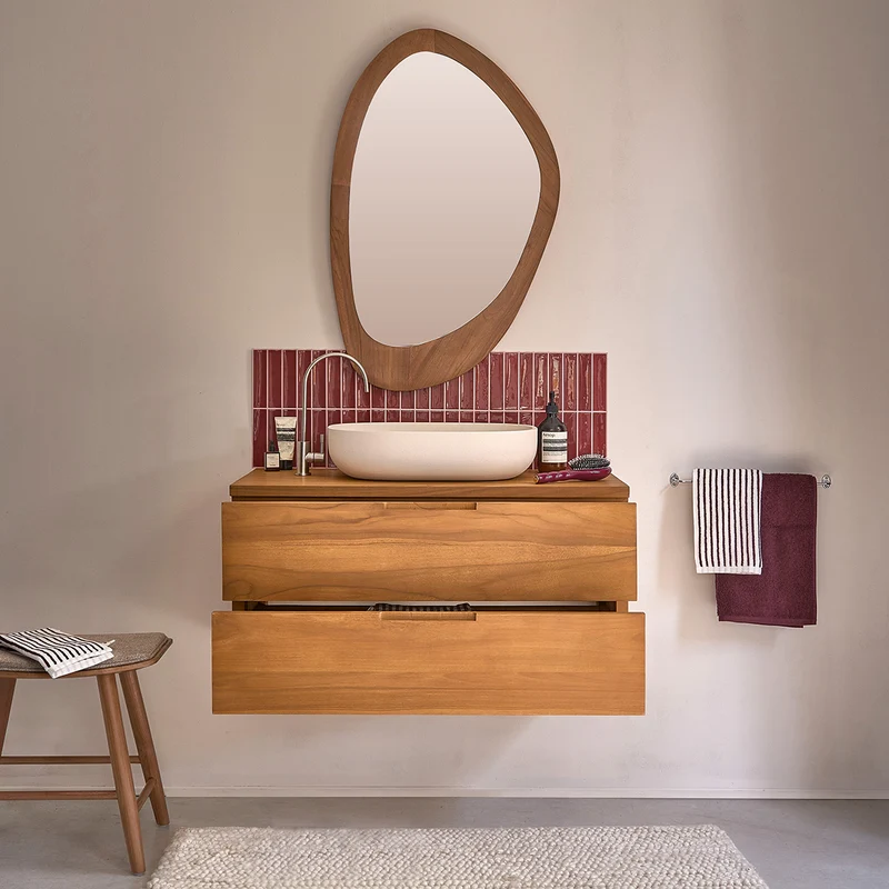 Mueble bajo lavabo suspendido de teca maciza de 80 cm