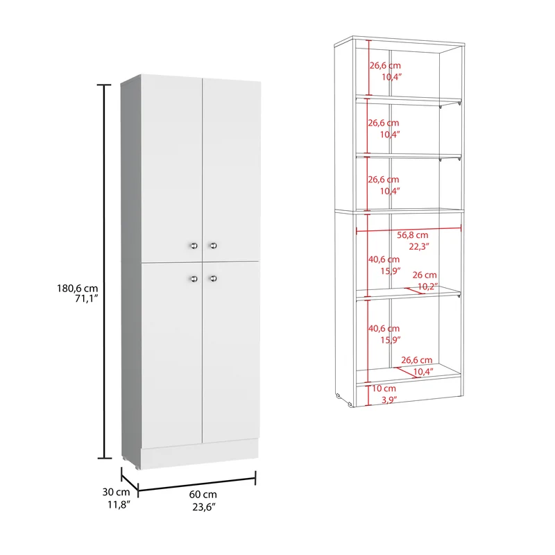 TUHOME Gabinete de Despensa Cameron con 4 Puertas y 5 Estantes Ocultos, Blanco