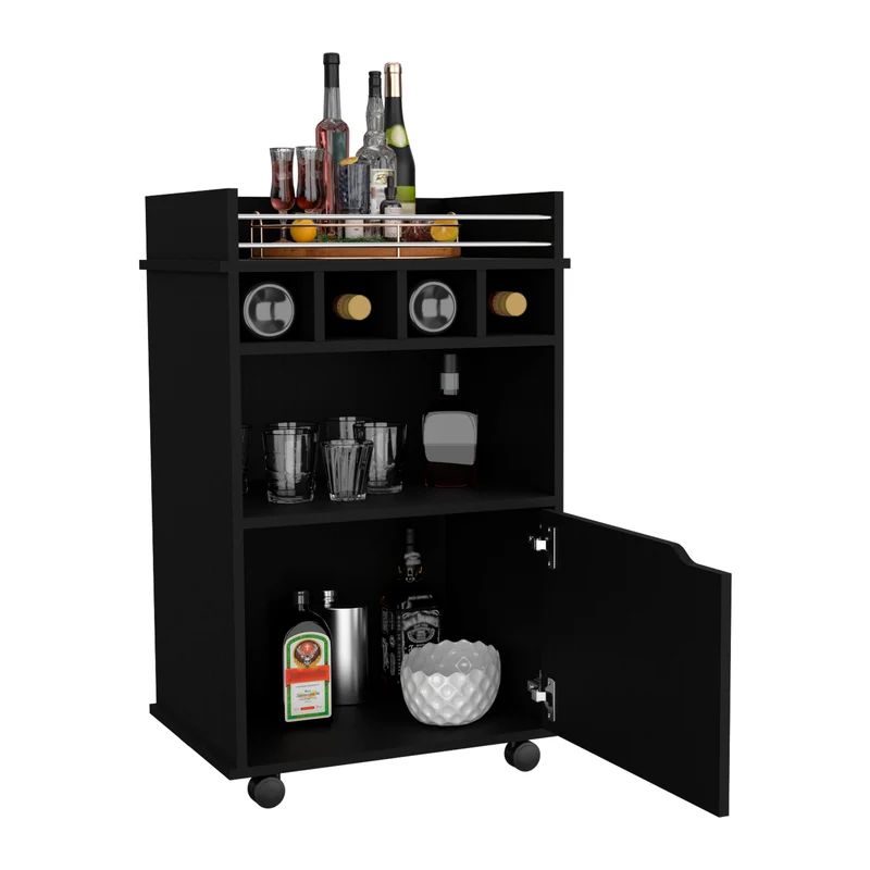 TUHOME Carro de Bar Crozier, con 1 puerta, 1 estante y cuatro botelleros integrados.