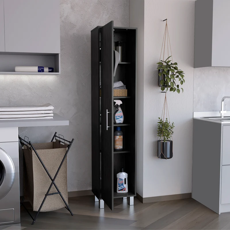 TUHOME Gabinete Alto de Almacenamiento Lawen, Una Puerta, 3 Ganchos para Escobas, Roble Ahumado