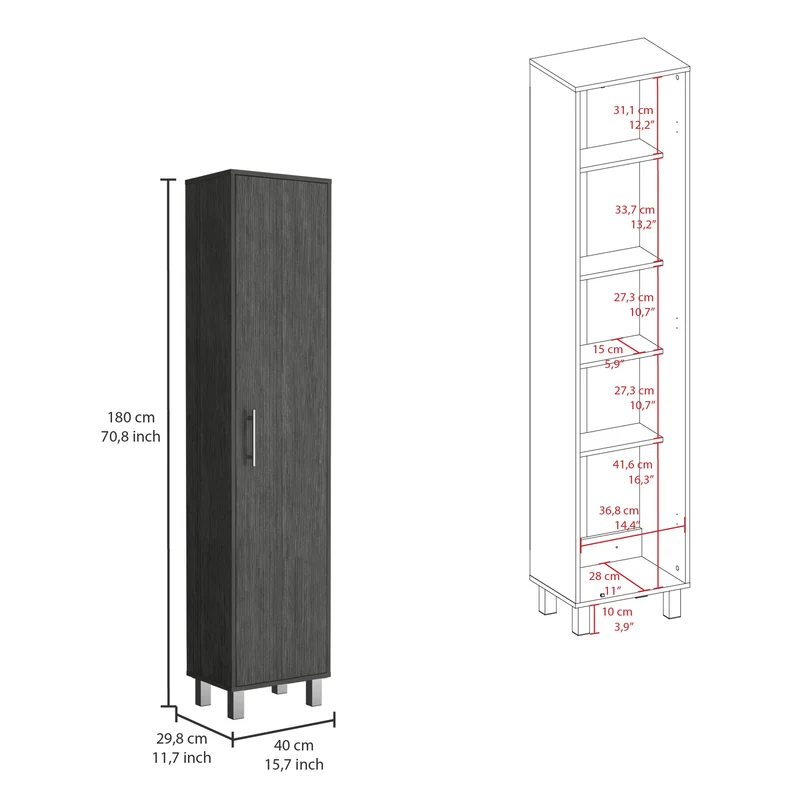 TUHOME Gabinete Alto de Almacenamiento Lawen, Una Puerta, 3 Ganchos para Escobas, Roble Ahumado