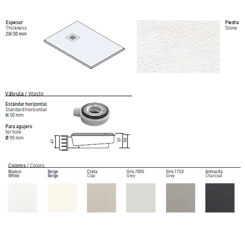 Pasadena | Plato de Ducha de Resina Antideslizante | Válvula de Desagüe y Rejilla | Textura Piedra | Color Blanco