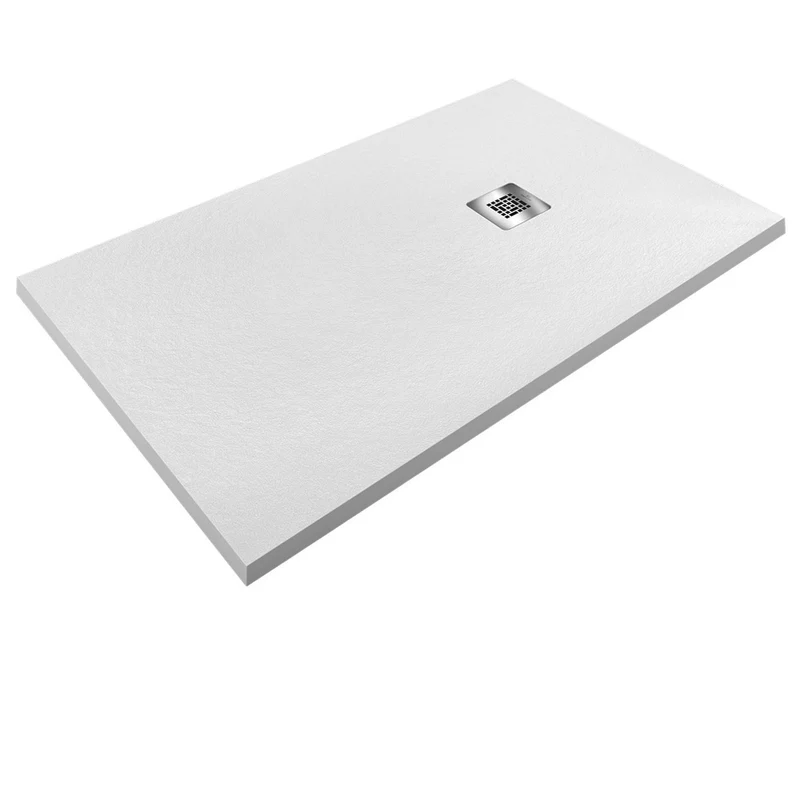 Pasadena | Plato de Ducha de Resina Antideslizante | Válvula de Desagüe y Rejilla | Textura Piedra | Color Blanco