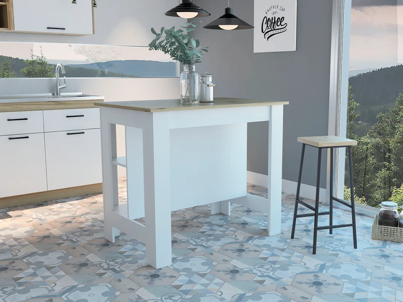Isla de Cocina Antibacteriana Cala, superficie antibacterial y tres estantes , Blanco / Duna