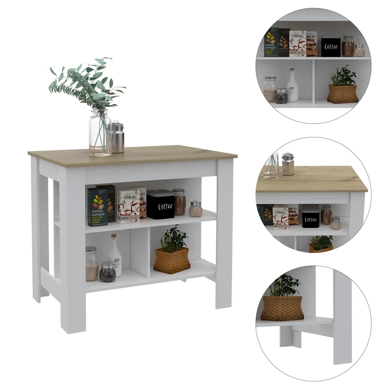 Isla de Cocina Antibacteriana Cala, superficie antibacterial y tres estantes , Blanco / Duna