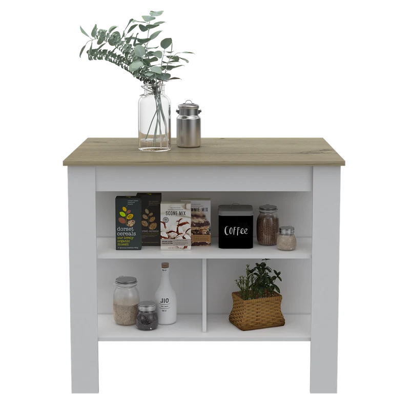 Isla de Cocina Antibacteriana Cala, superficie antibacterial y tres estantes , Blanco / Duna