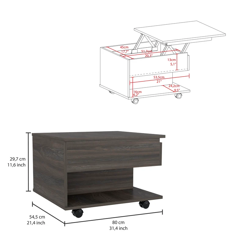 Mesa de Centro Elevable Luanda, con ruedas , Wengue