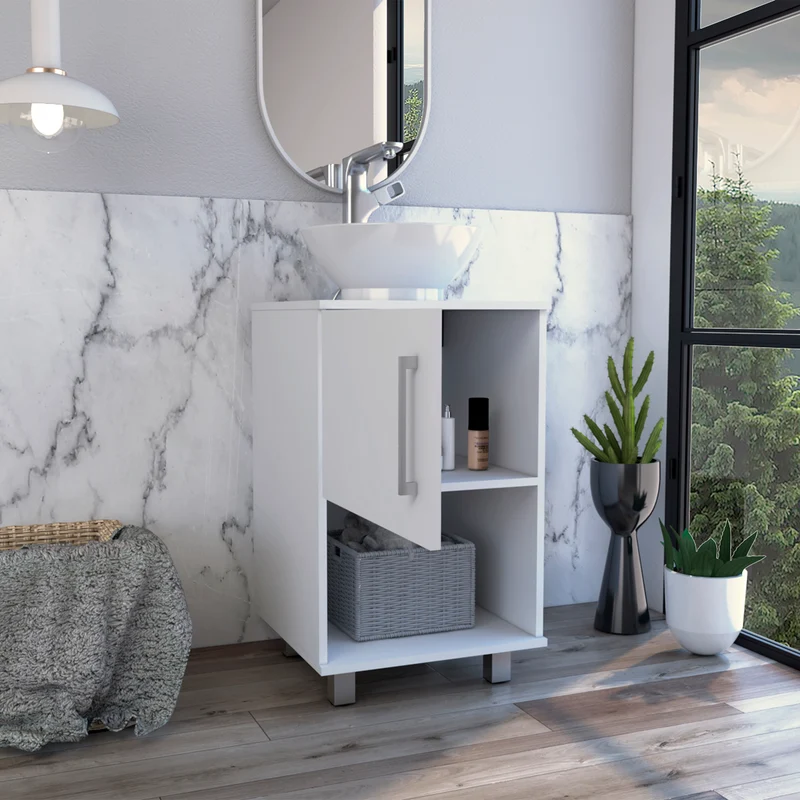Mueble bajo para lavabo Gouda en Melamina,con almacenamiento y lavamanos de ceramica.