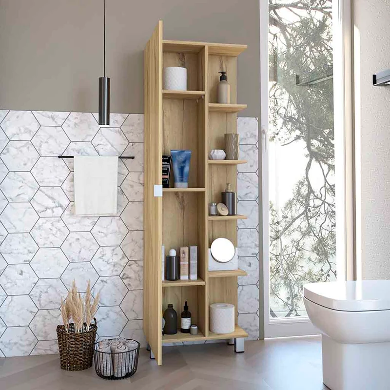 Columna de baño urano en Melamina, con cinco estantes externos y cuatro estantes internos.