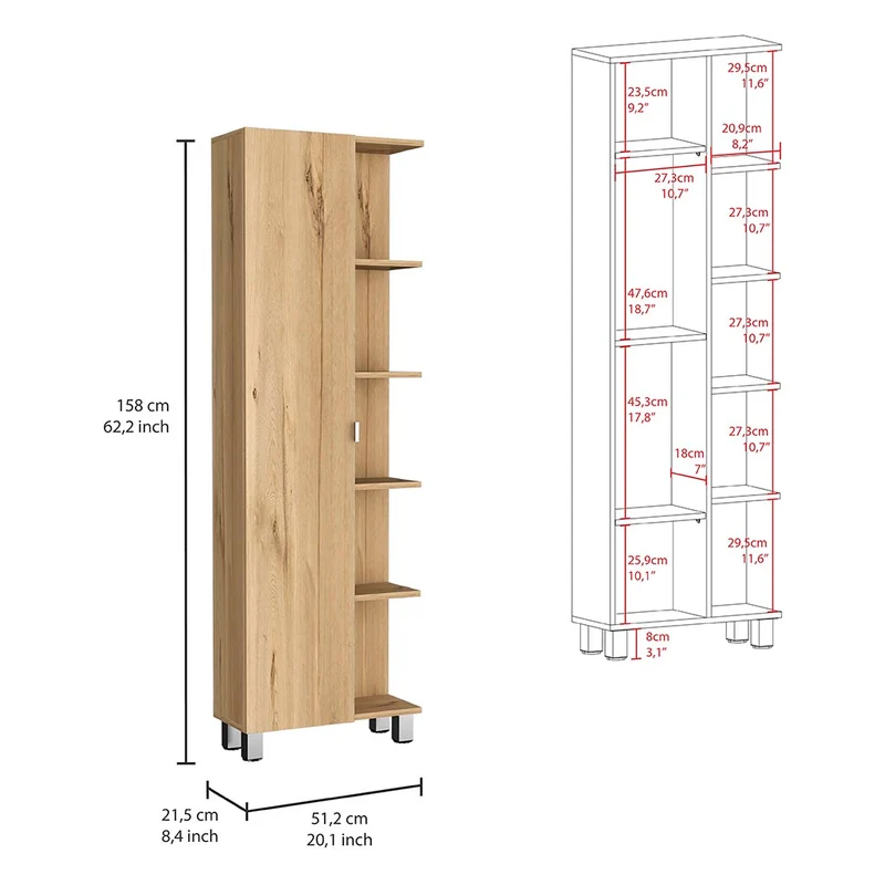 Columna de baño urano en Melamina, con cinco estantes externos y cuatro estantes internos.