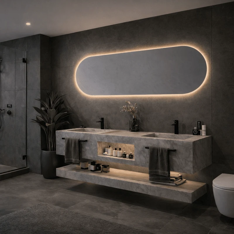 Mueble de baño Milor doble lavabo con espejo oval LED