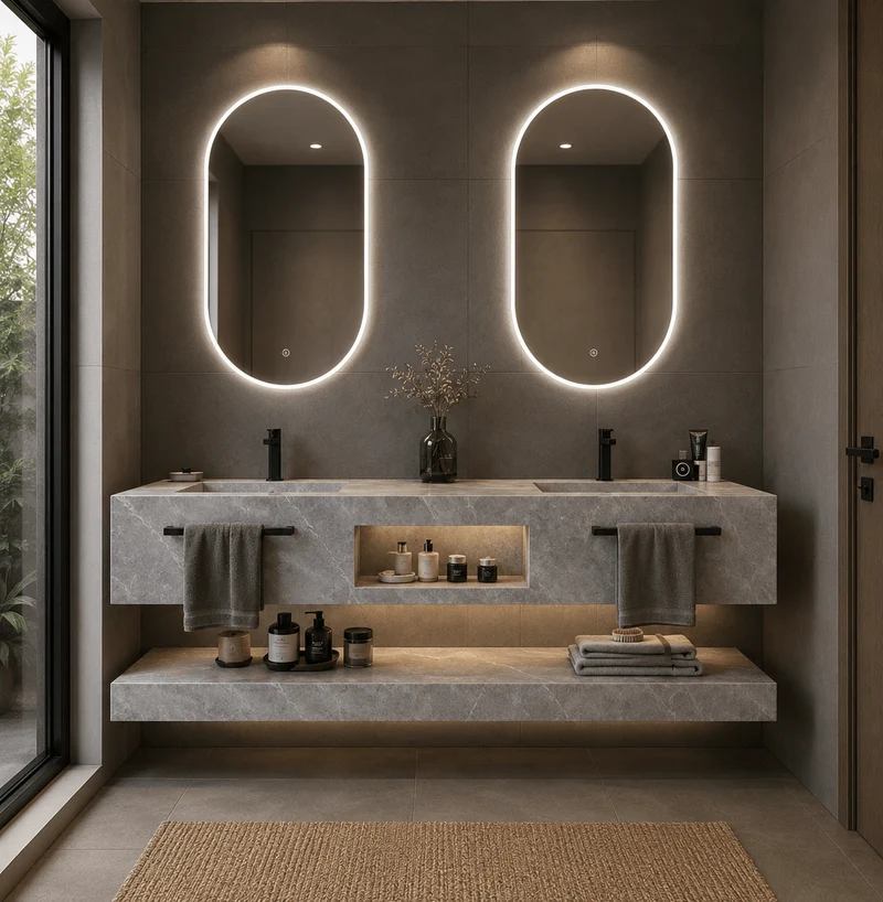 Mueble de baño Milor doble lavabo con espejo oval LED