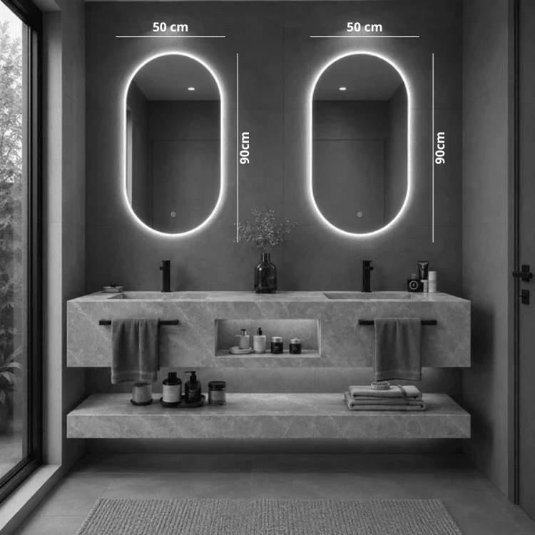 Mueble de baño Milor doble lavabo con espejo oval LED