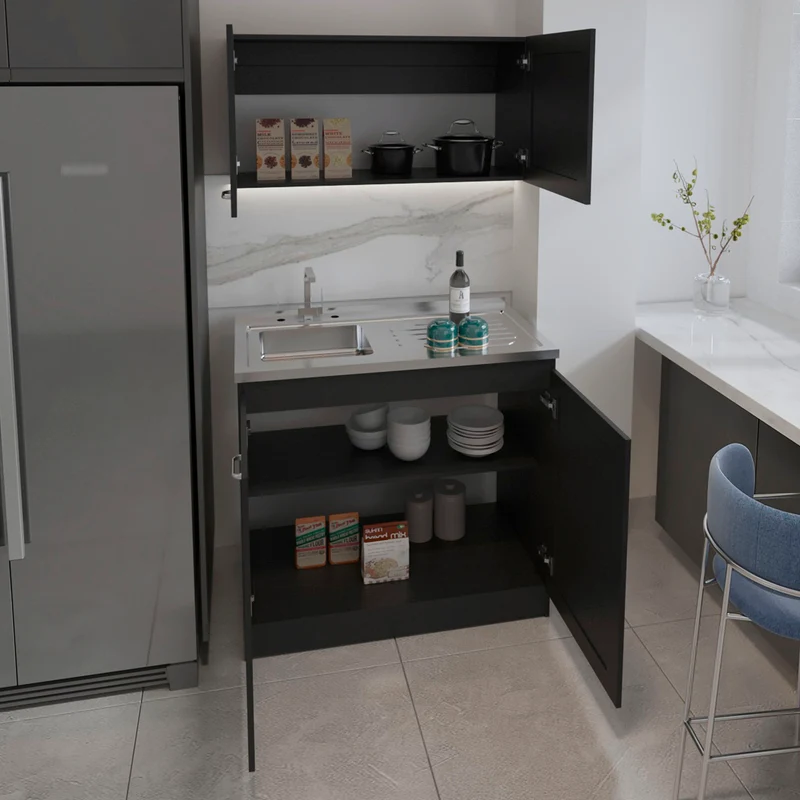 Set Muebles de cocina Zurich en Melamina, con mueble de encimera en acero inoxidable y mueble sobre campana