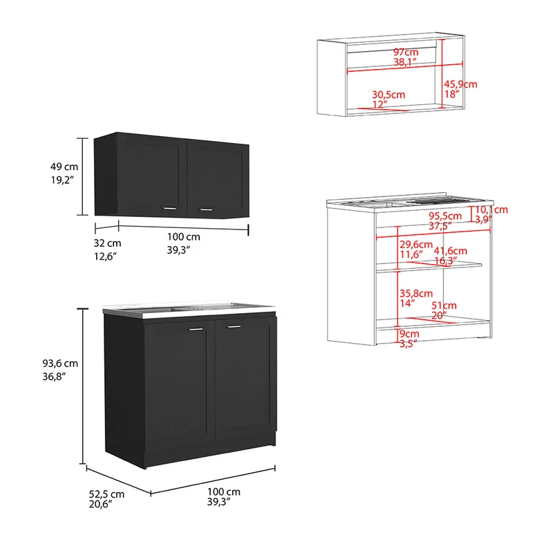 Set Muebles de cocina Zurich en Melamina, con mueble de encimera en acero inoxidable y mueble sobre campana