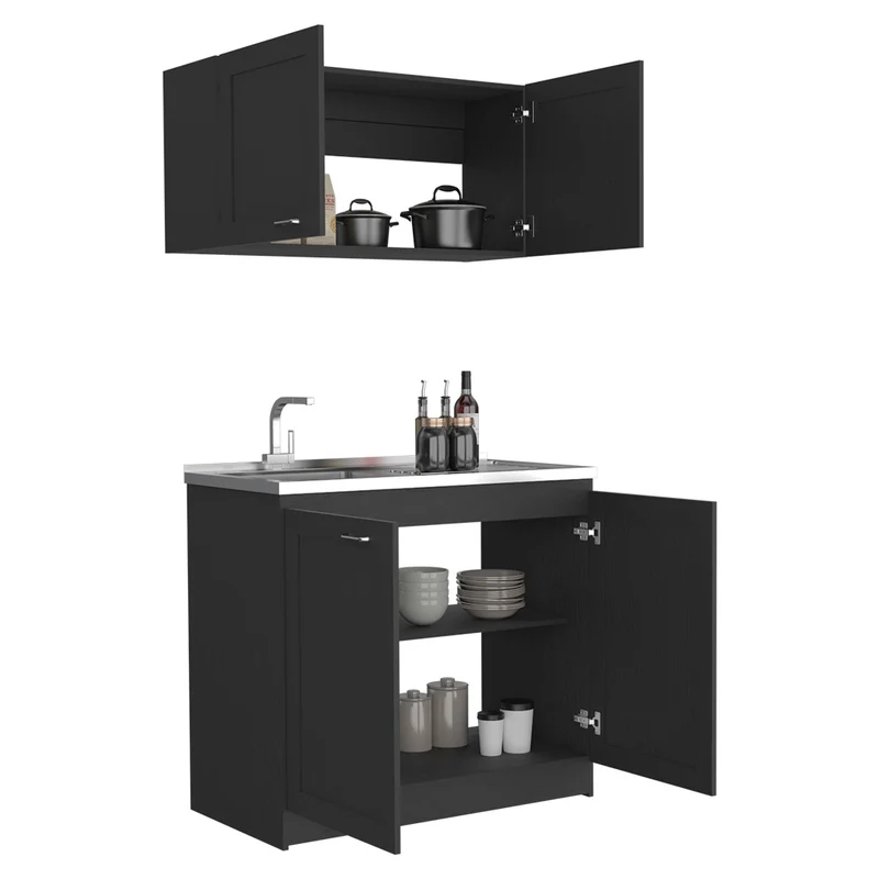 Set Muebles de cocina Zurich en Melamina, con mueble de encimera en acero inoxidable y mueble sobre campana