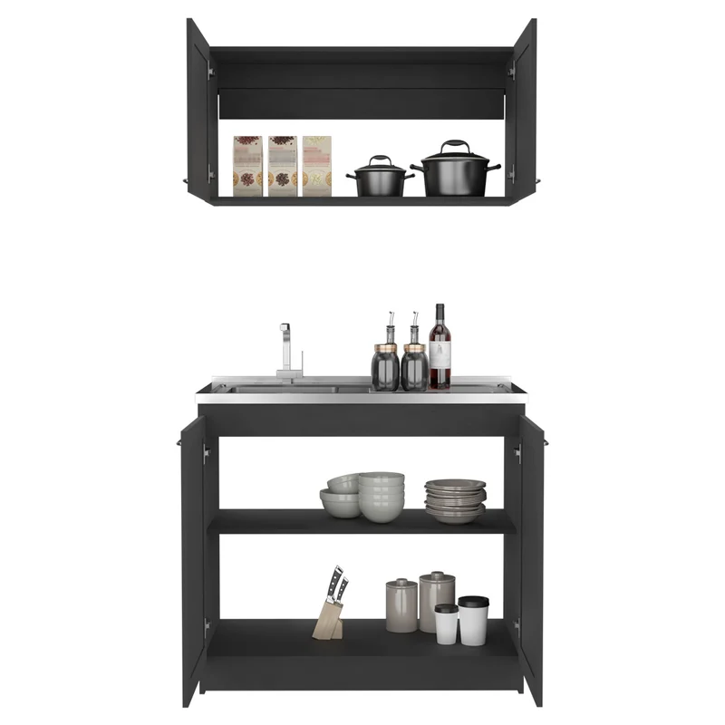 Set Muebles de cocina Zurich en Melamina, con mueble de encimera en acero inoxidable y mueble sobre campana