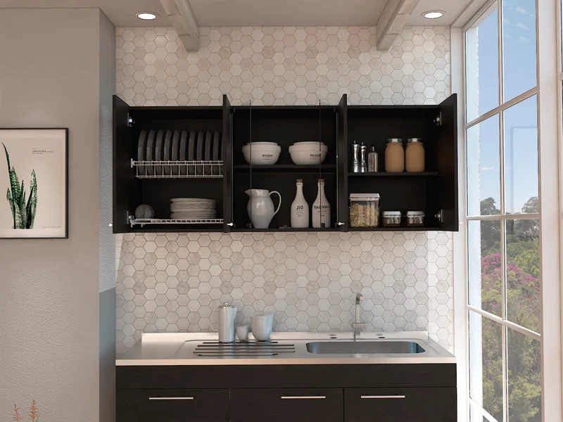 Mueble de Pared Cocina con Cristal 150 en Melamina, con multiples puertas