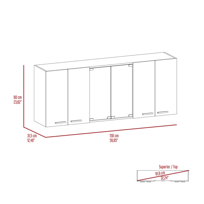 Mueble de Pared Cocina con Cristal 150 en Melamina, con multiples puertas