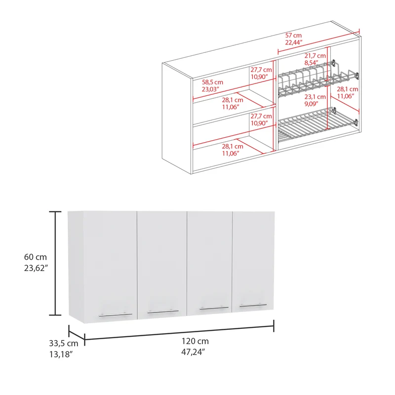 Mueble de Pared para Cocina 120, con estante para platos, Blanco