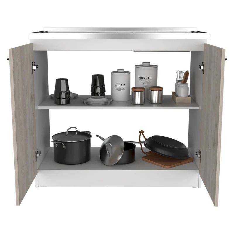 Mueble de cocina Nápoles, con fregadero , Blanco / Ceniza
