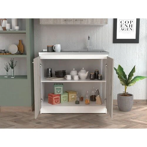 Mueble de cocina Nápoles, con fregadero , Blanco / Ceniza