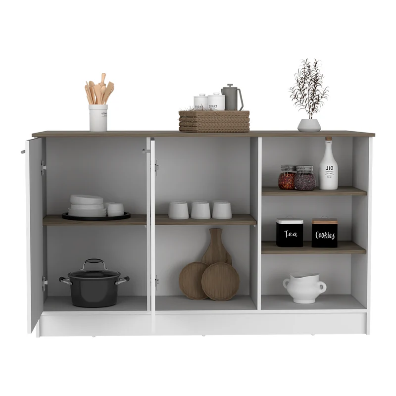 Isla de Cocina Ginger con Almacenamiento Espacioso y Encimera, Blanco Nevado / Bellota