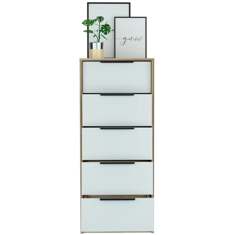 Cómoda de 5 Cajones Kaia, con tiradores metálicos, Blanco / Miel