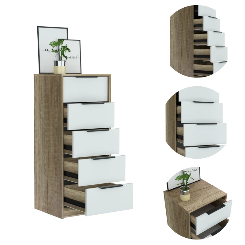Cómoda de 5 Cajones Kaia, con tiradores metálicos, Blanco / Miel