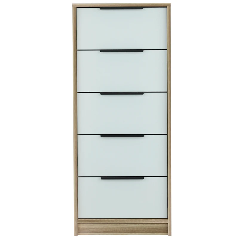 Cómoda de 5 Cajones Kaia, con tiradores metálicos, Blanco / Miel