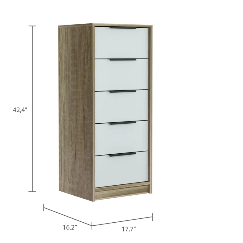 Cómoda de 5 Cajones Kaia, con tiradores metálicos, Blanco / Miel