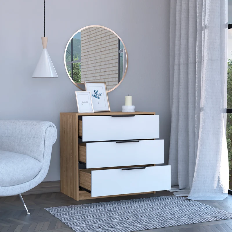 Cómoda de 3 Cajones Kaia, con tiradores metálicos, Blanco / Miel