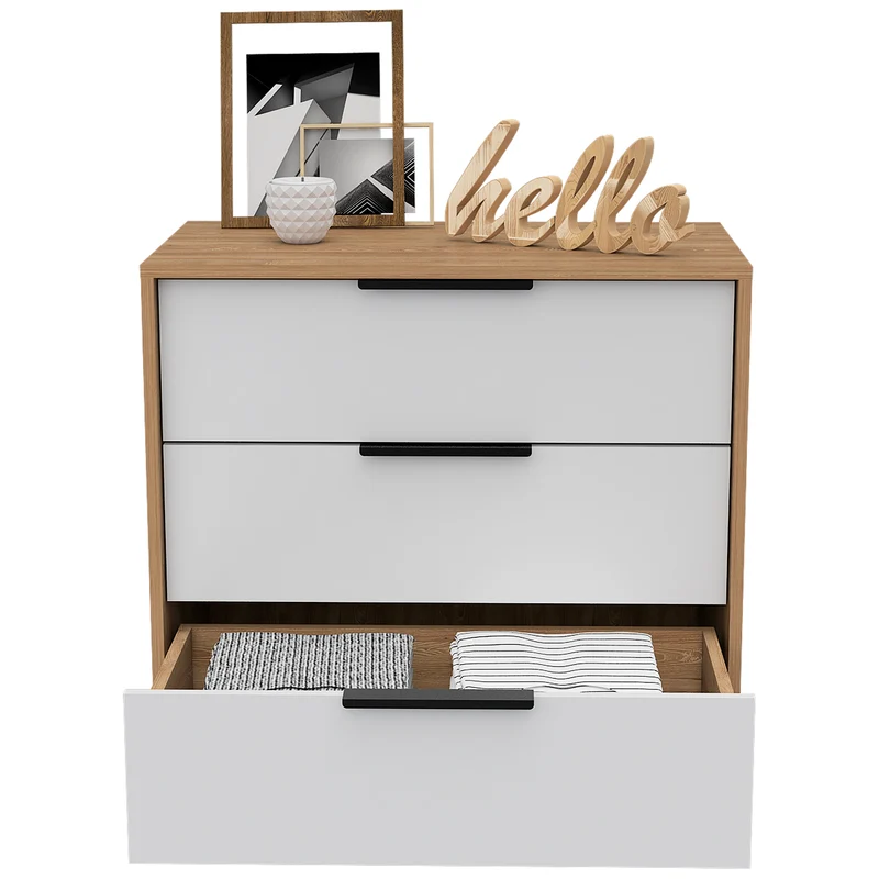 Cómoda de 3 Cajones Kaia, con tiradores metálicos, Blanco / Miel