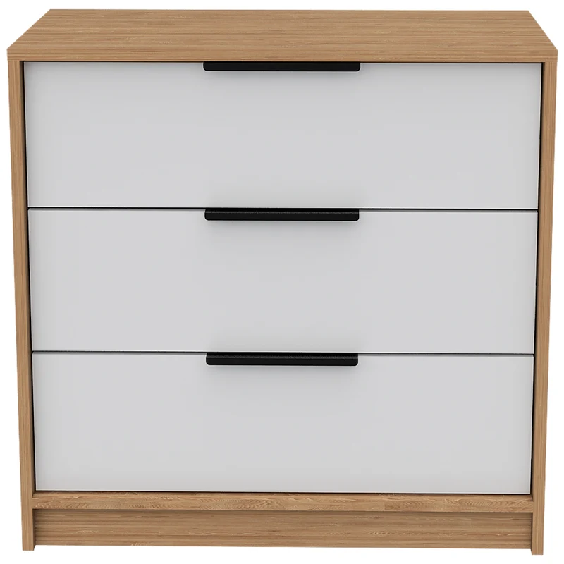 Cómoda de 3 Cajones Kaia, con tiradores metálicos, Blanco / Miel