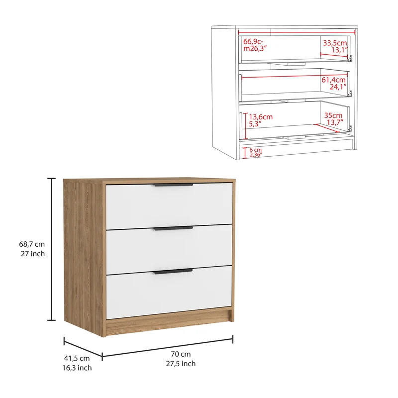 Cómoda de 3 Cajones Kaia, con tiradores metálicos, Blanco / Miel