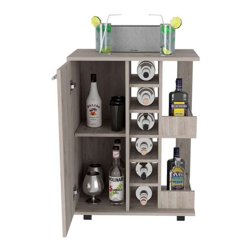 Carrito de Bar, Bar Cart, con botellero y ruedas, Carbon, Ceniza
