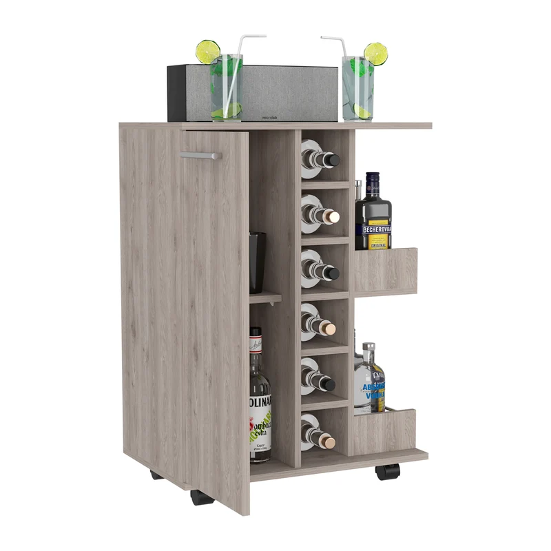 Carrito de Bar, Bar Cart, con botellero y ruedas, Carbon, Ceniza