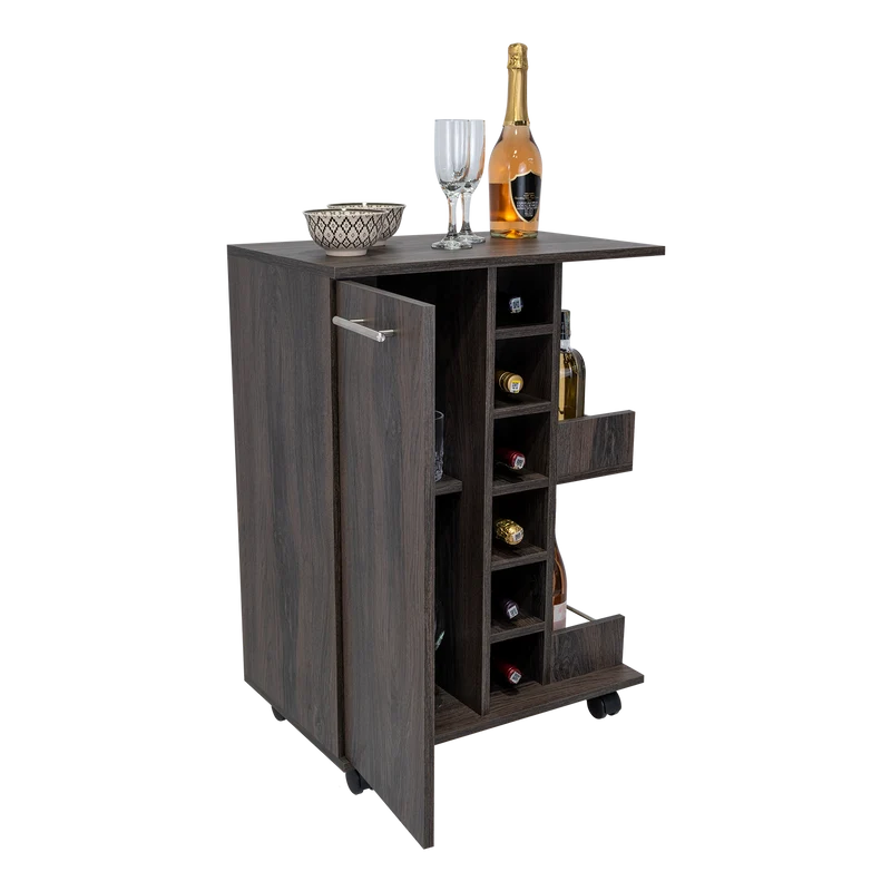 Carrito de Bar, Bar Cart, con botellero y ruedas, Carbon, Ceniza